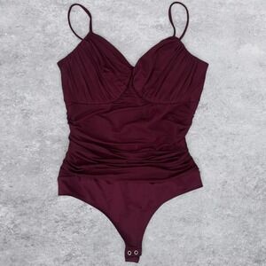 Express Body Contour Burgundy Ruched Mesh Sweetheart Bodysuit Large